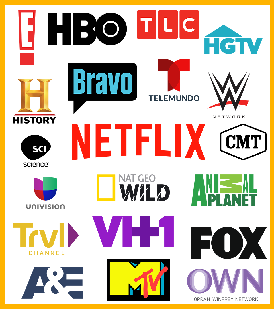 Client and network logos including E!, HBO, TLC, HGTV, History, Bravo, Telemundo, WWE, Science, Netflix, CMT, Univision, National Geographic Wild, Animal Planet, Travel Channel, VH1, Fox, A&E, MTV, and OWN
